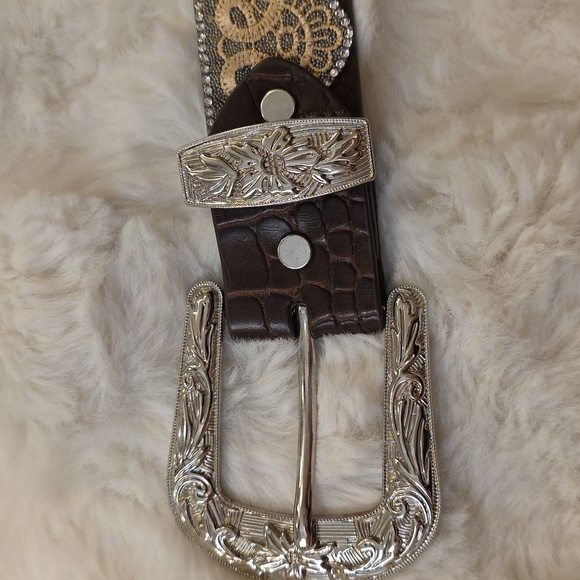 Angel Ranch Western Silver Rhinestone Lace Scalloped Feminine Belt Womens S - Picture 6 of 13